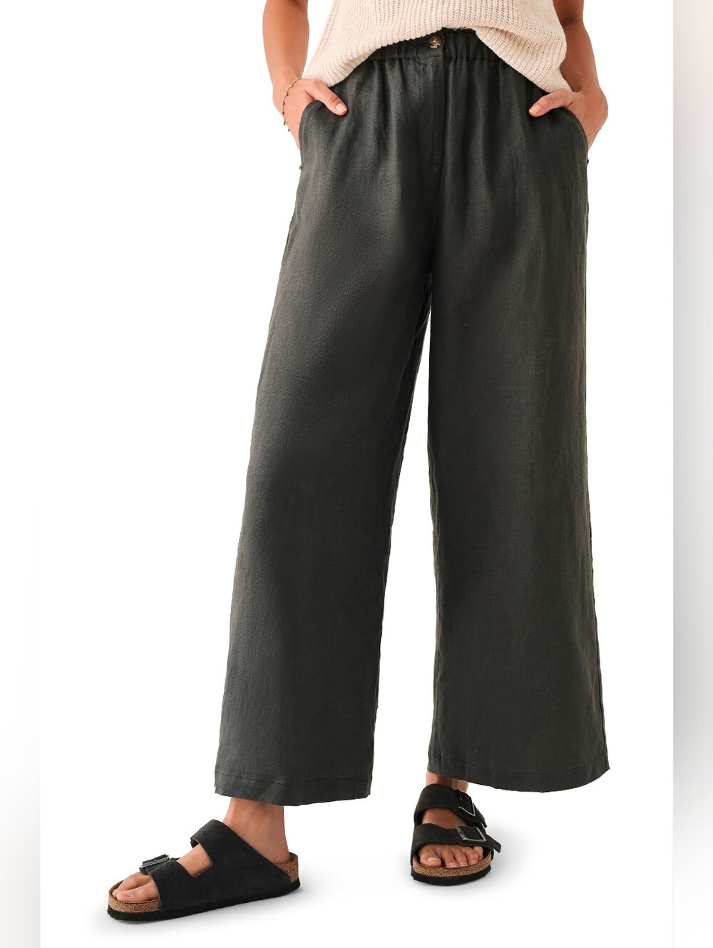Faherty Monterey Linen High Rise Wide Leg Pants with Pockets Washed Black Large